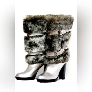 Michael Kors Carlie gunmetal silver leather faux fur heels boots 8.5